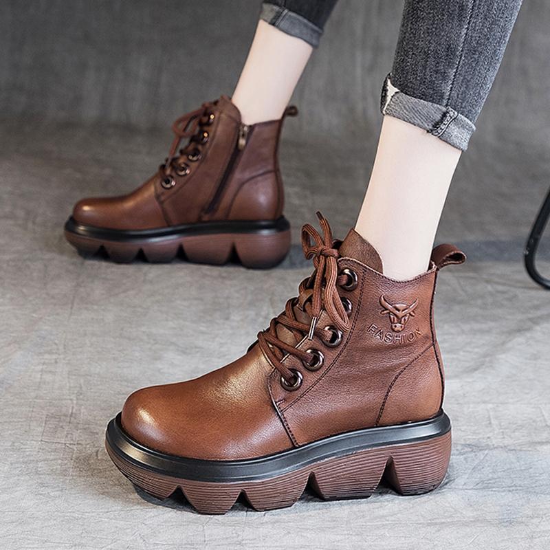 Autumn Winter Thick Sole Leather Retro Boots