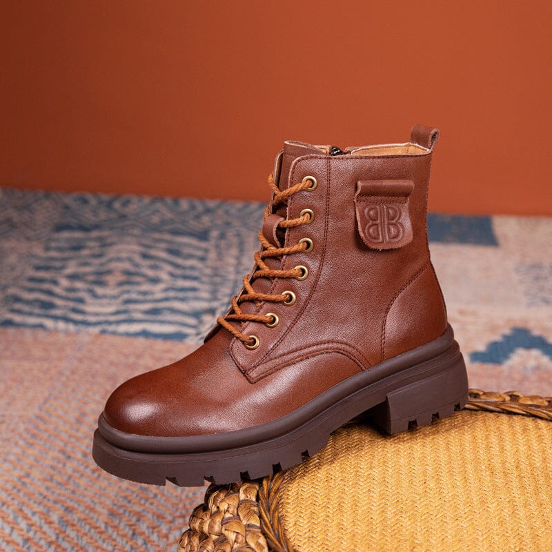 Autumn Winter Thick Sole Retro Leather Casual Boots Dec 2022 New Arrival Brown 35 