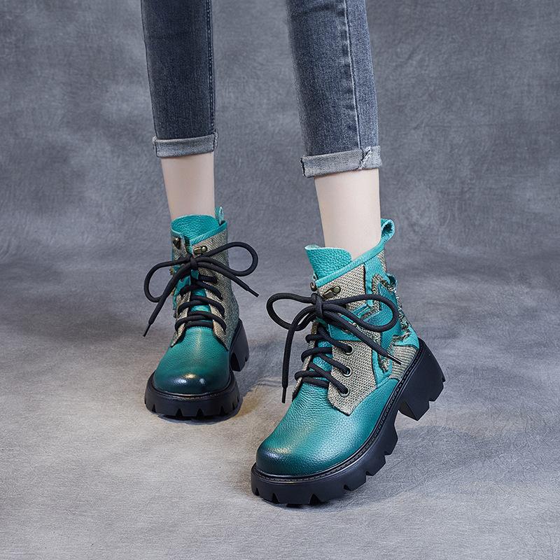 Autumn Winter Women Retro Patchwork Casual Leather Boots