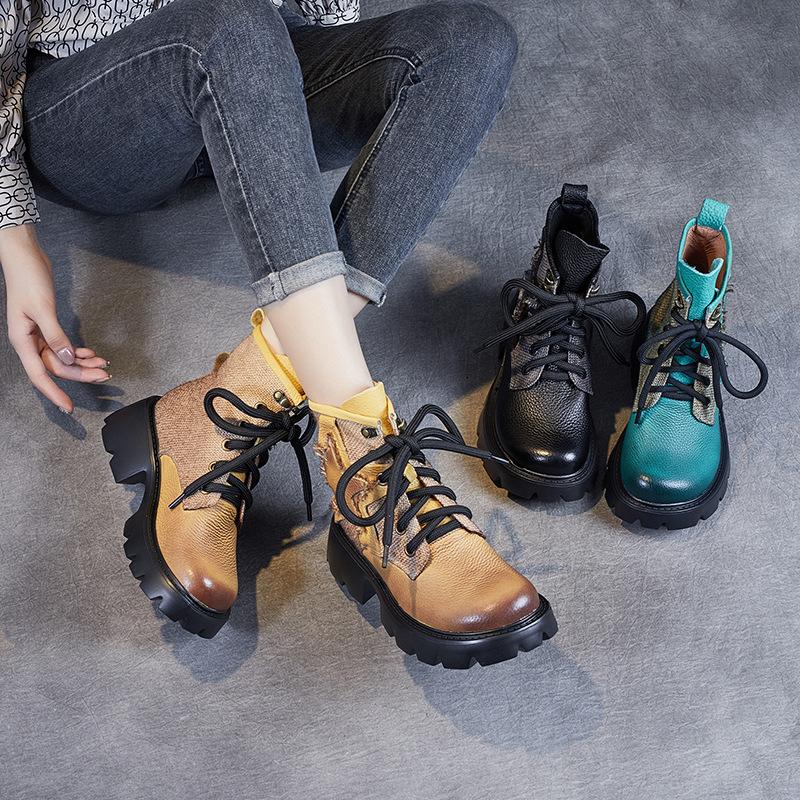 Autumn Winter Women Retro Patchwork Casual Leather Boots