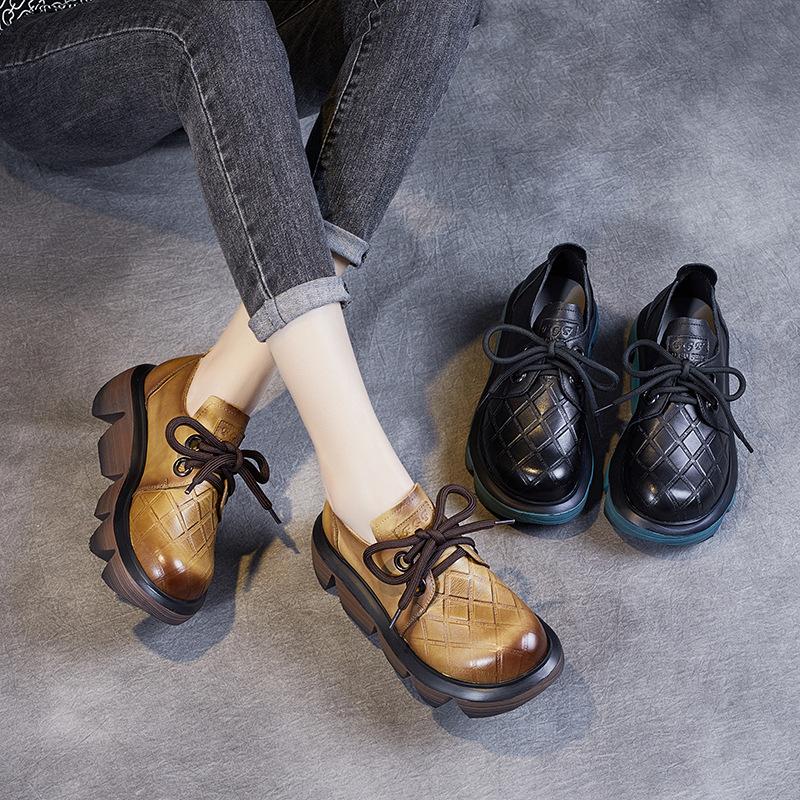 Autumn Women Retro Leather Platform Casual Shoes