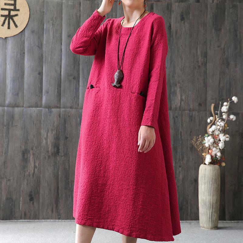 BABAKUD A-line Long Sleeve Cotton Loose Retro Long Sleeve Dress 2019 August New M Red 