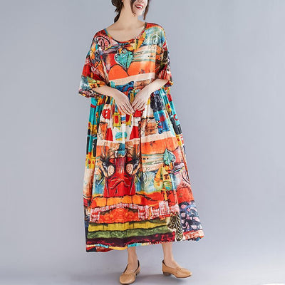 Babakud Abstract Printed Gathered Waist Summer Short Sleeve Dress