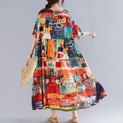 Babakud Abstract Printed Gathered Waist Summer Short Sleeve Dress