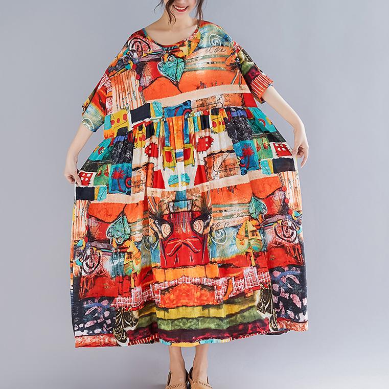 Babakud Abstract Printed Gathered Waist Summer Short Sleeve Dress 2019 July New One Size Orange 