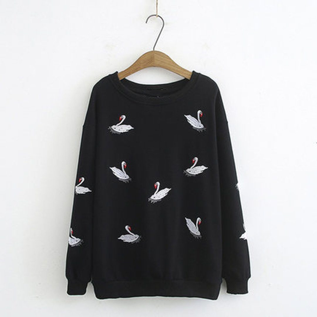 Babakud Autumn Crane Embroidery Loose Sweatshirt 2019 September New XL Black 