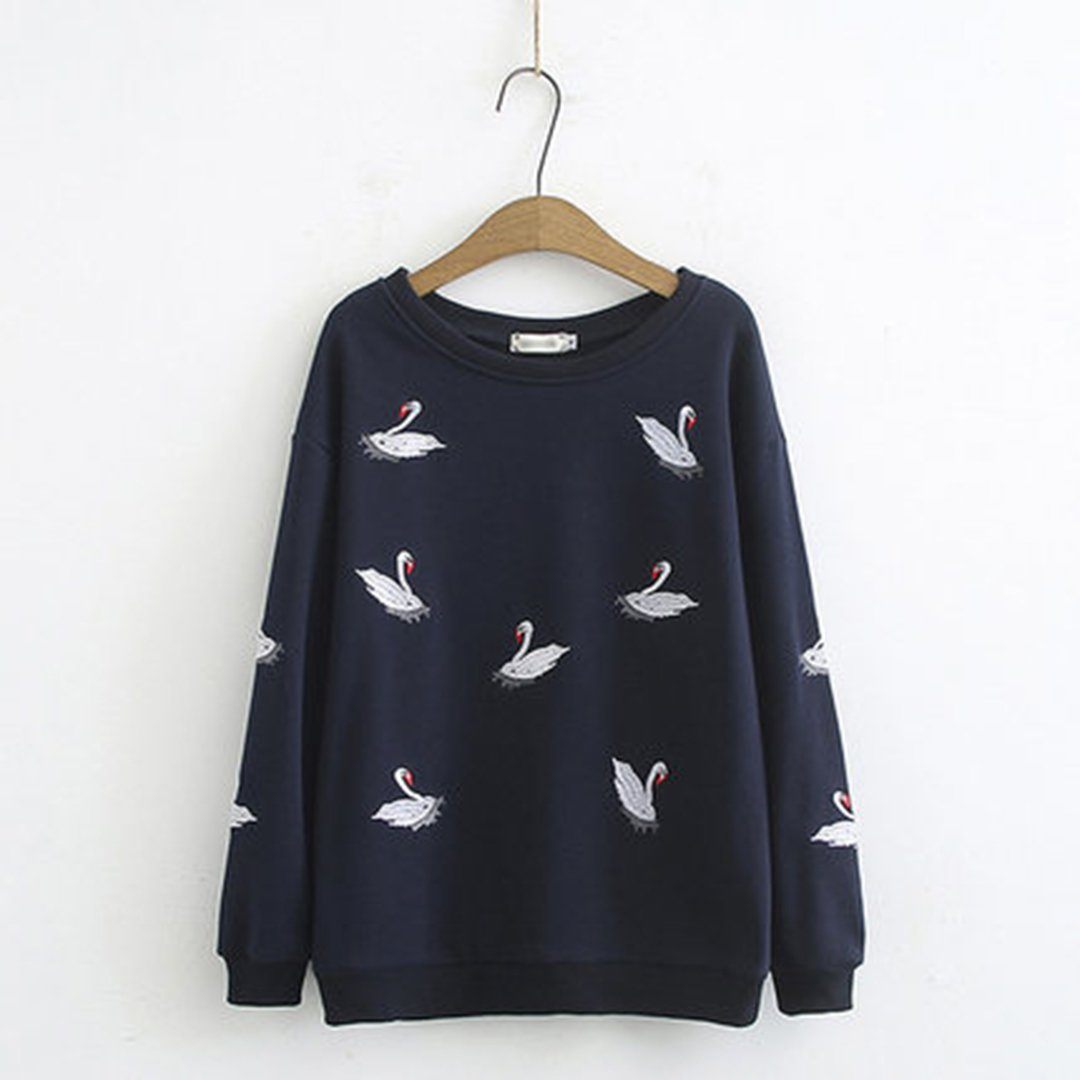 Babakud Autumn Crane Embroidery Loose Sweatshirt