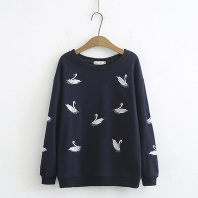 Babakud Autumn Crane Embroidery Loose Sweatshirt 2019 September New XL Navy Blue 