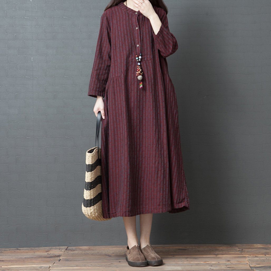 BABAKUD Autumn Lloose Ramie Cotton Linen Long Sleeves Dress 2019 October New XL Wine Red 