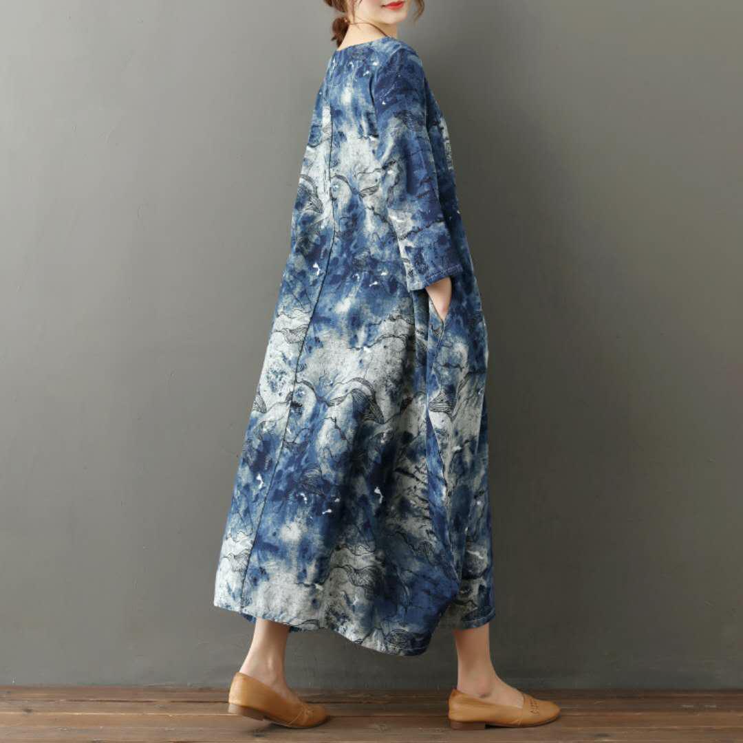 BABAKUD Autumn Retro Loose Thin Cotton Printed Ethnic Long Sleeve Dress
