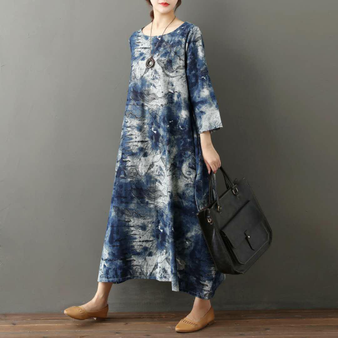 BABAKUD Autumn Retro Loose Thin Cotton Printed Ethnic Long Sleeve Dress