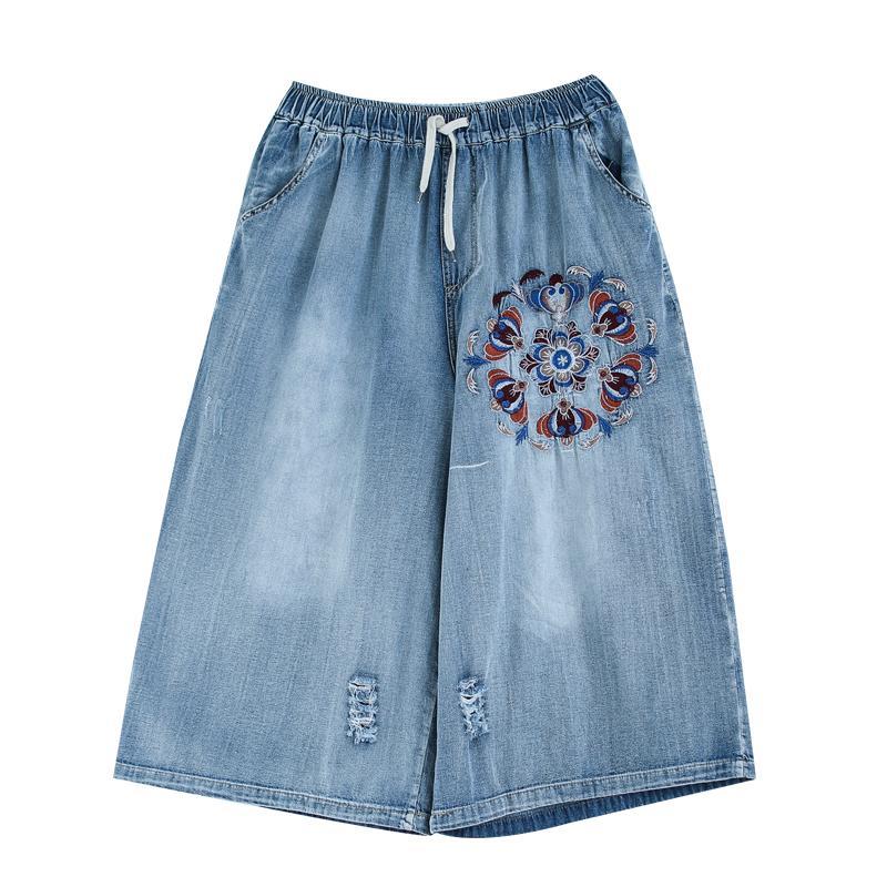 BABAKUD Autumn Vintage Embroidered Washed Holes Cropped Denim Pants 2019 August New 