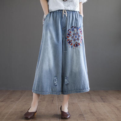 BABAKUD Autumn Vintage Embroidered Washed Holes Cropped Denim Pants 2019 August New L Blue 