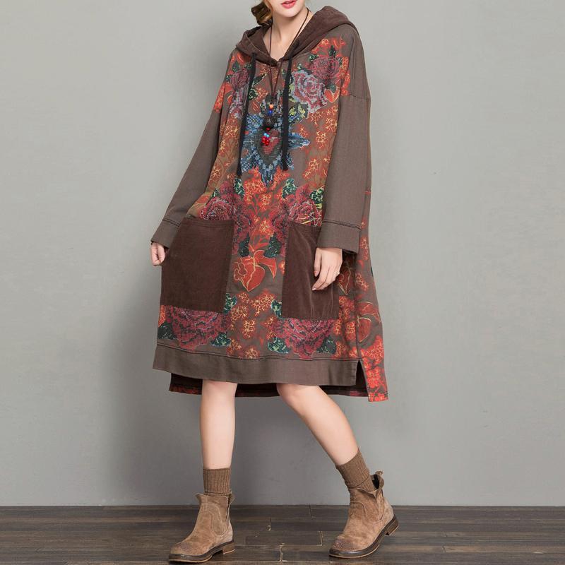 BABAKUD Autumn Winter Cotton Loose Hooded Print Dress 2019 September New One Size Coffee 