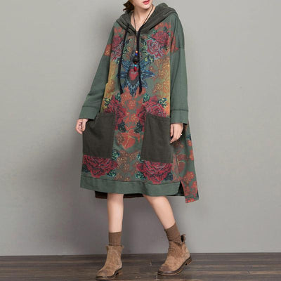 BABAKUD Autumn Winter Cotton Loose Hooded Print Dress 2019 September New One Size Green 
