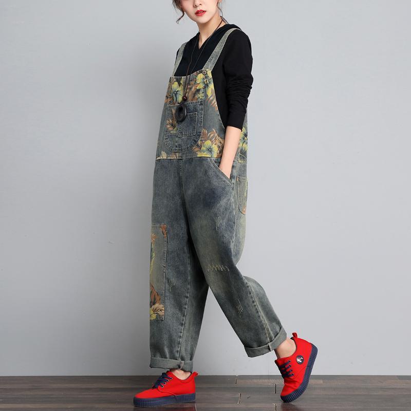 BABAKUD Autumn Winter Denim Loose Retro Printing Thin Jumpsuit