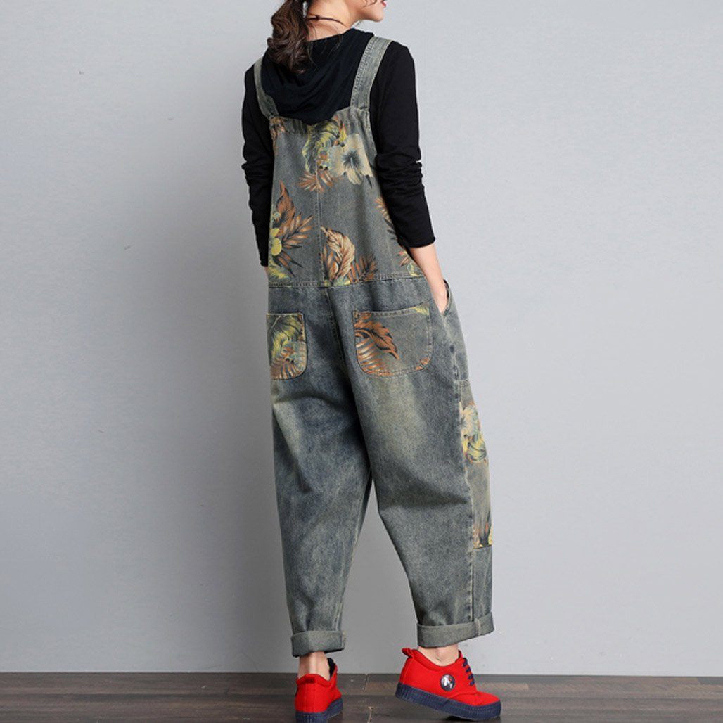 BABAKUD Autumn Winter Denim Loose Retro Printing Thin Jumpsuit