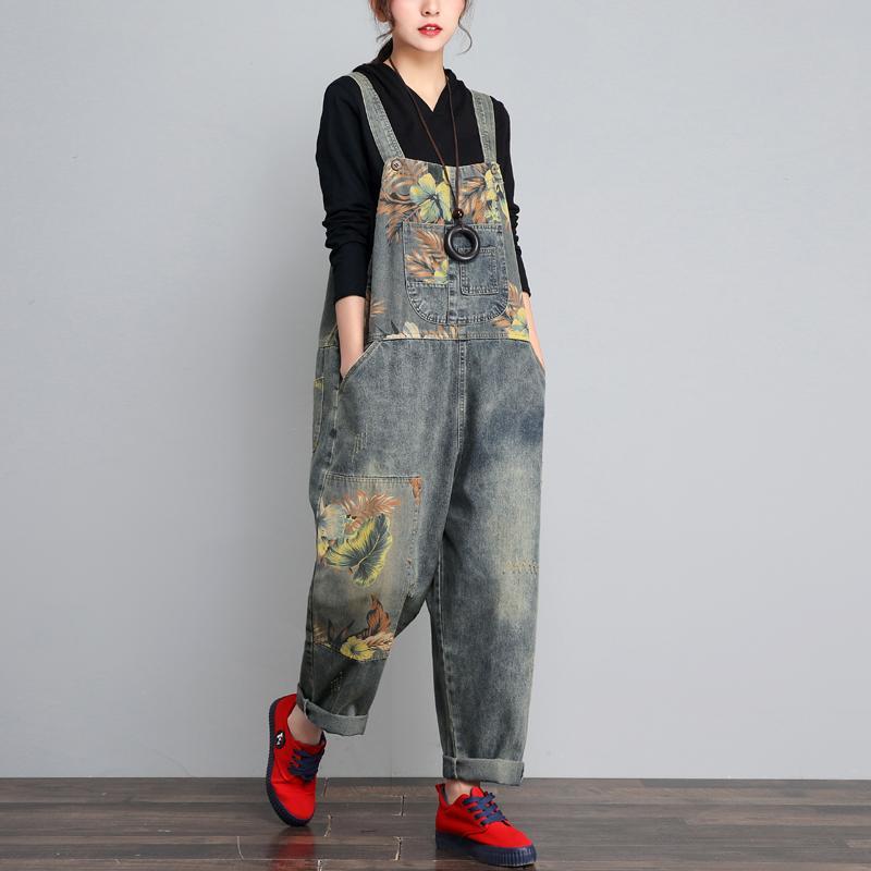 BABAKUD Autumn Winter Denim Loose Retro Printing Thin Jumpsuit 2019 November New One Size As the picture 