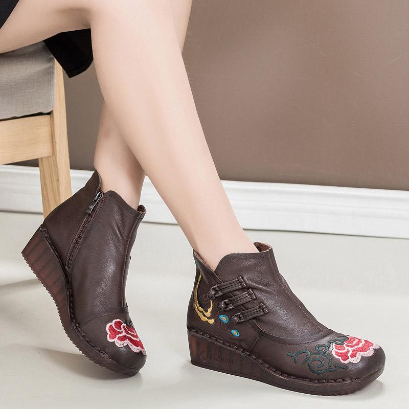 BABAKUD Autumn Winter Embroidery Ethnic Soft Bottom Wedge Women's Boots