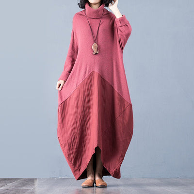 BABAKUD Autumn Winter High Collar Stitching Sweater Linen Dress 2019 October New One Size Red 