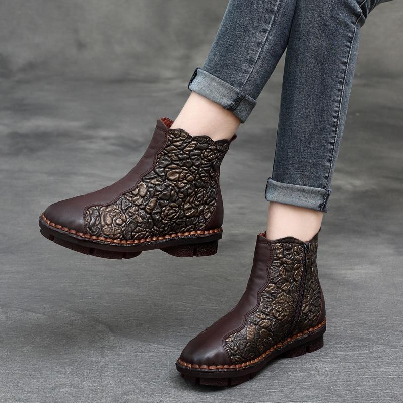 BABAKUD Autumn Winter Retro Leather Handmade Floral Women's Boots 2019 November New 35 Brown 