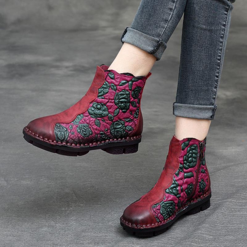 BABAKUD Autumn Winter Retro Leather Handmade Floral Women's Boots 2019 November New 35 Red 