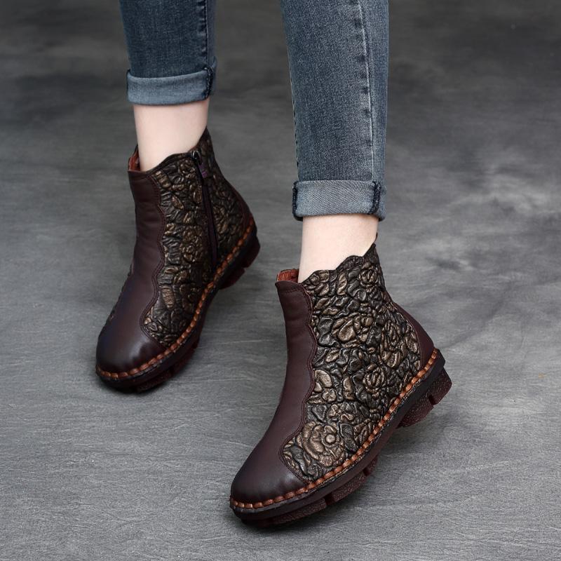 BABAKUD Autumn Winter Retro Leather Handmade Floral Women's Boots