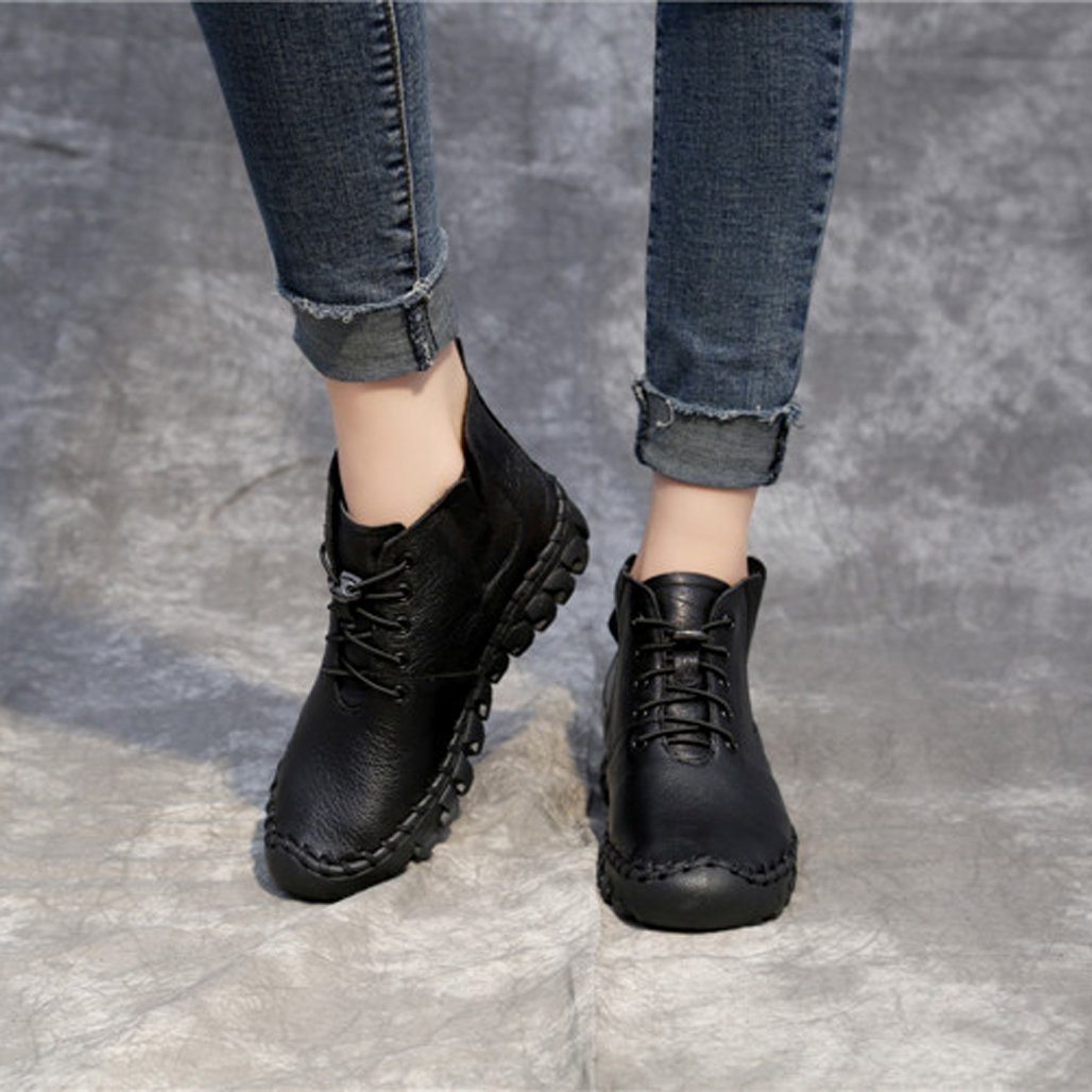 BABAKUD Autumn Winter Soft Handmade Leather Women's Retro Plus Velvet Boots