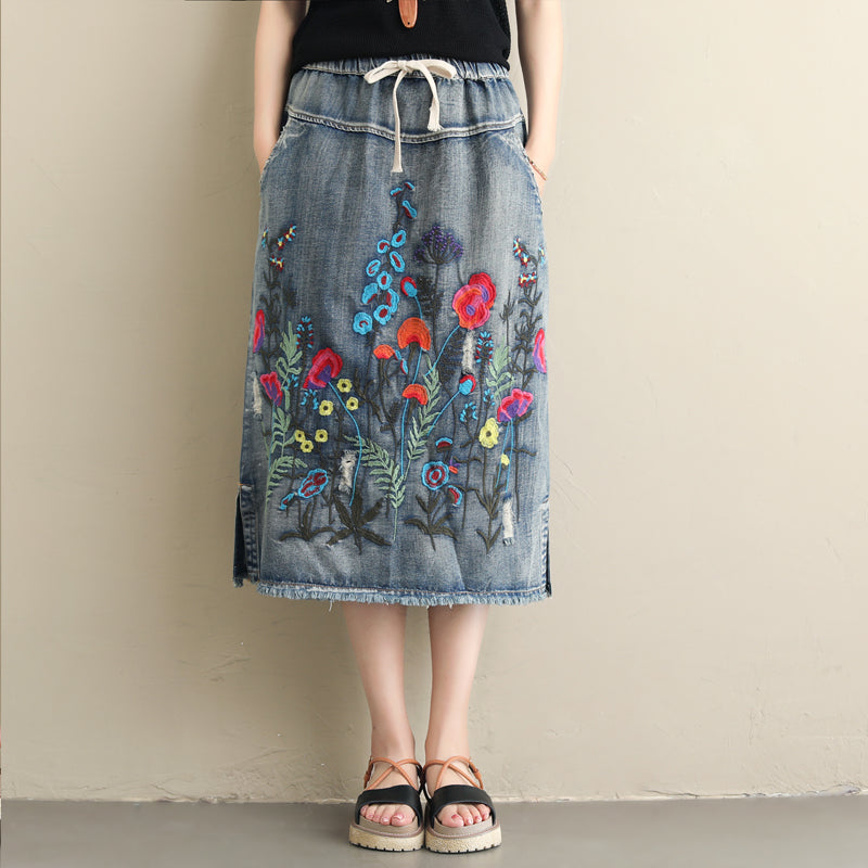 BABAKUD Autumn Winter Vintage Embroidery Denim Women's Skirt