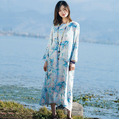 BABAKUD Bamboo Leaves Printed Loose Long Sleeve Dress