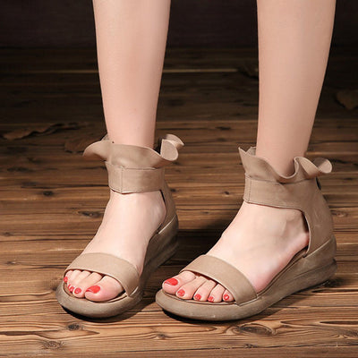 Babakud Casual Leather Ruffled Wedge Sandals With Zippers