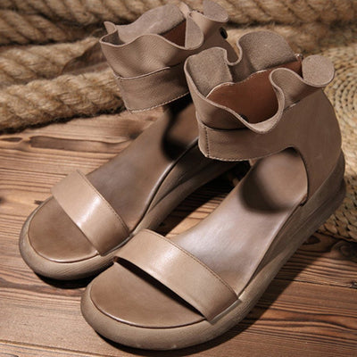Babakud Casual Leather Ruffled Wedge Sandals With Zippers