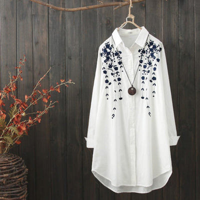 BABAKUD Casual Loose Long Sleeve Embroidery Shirt 2019 August New One Size Blue Embroidery 