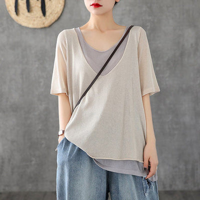 Babakud Casual Loose Paneled Shift Summer T-Shirt 2019 Jun New One Size Beige 