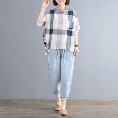 Babakud Casual Loose Plaid Pockets Set 2019 July New One Size Navy Blue 