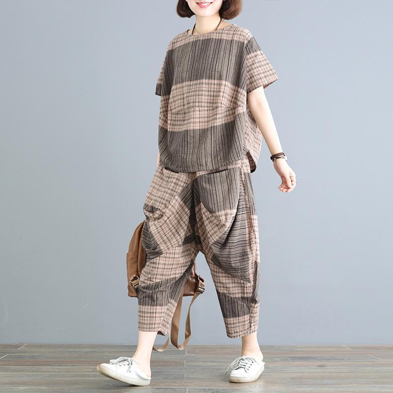 Babakud Casual Loose Plaid Ruched Wide Leg Set