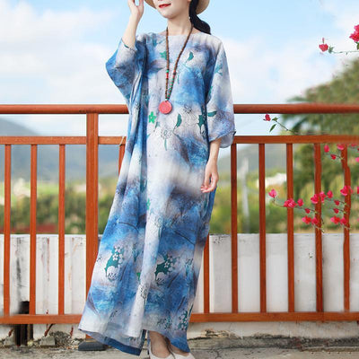 Babakud Casual Loose Printed Slit Linen Dress With Belt