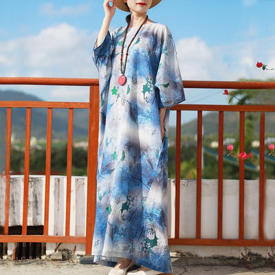 Babakud Casual Loose Printed Slit Linen Dress With Belt 2019 Jun New One Size Blue 