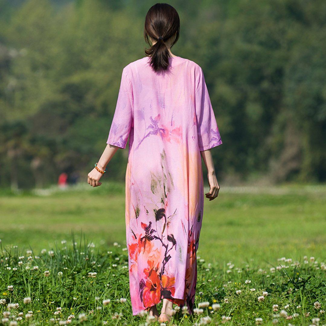 BABAKUD Chic Flower Printed Slit Loose Dress