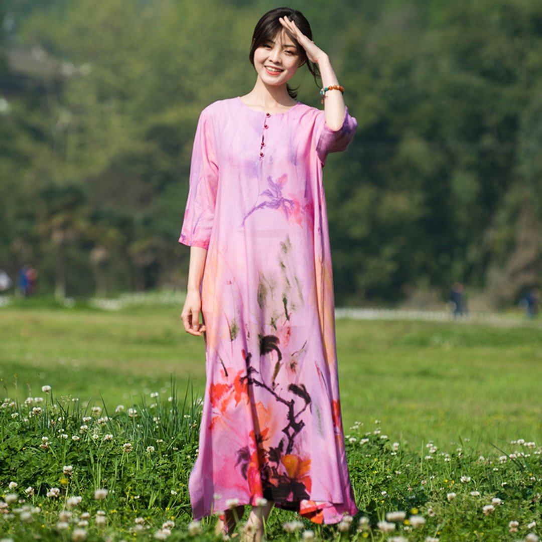BABAKUD Chic Flower Printed Slit Loose Dress – Babakud