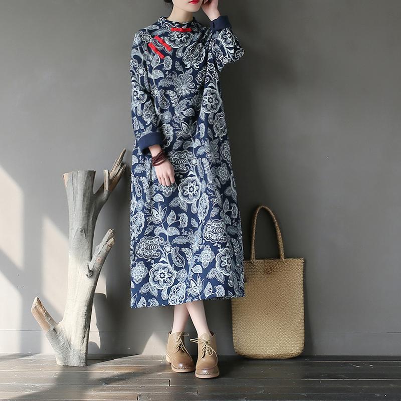 BABAKUD Chinese Ethnic Retro Crossbody Buckle Long Thick Cotton Linen Dress 2019 August New One Size Navy 