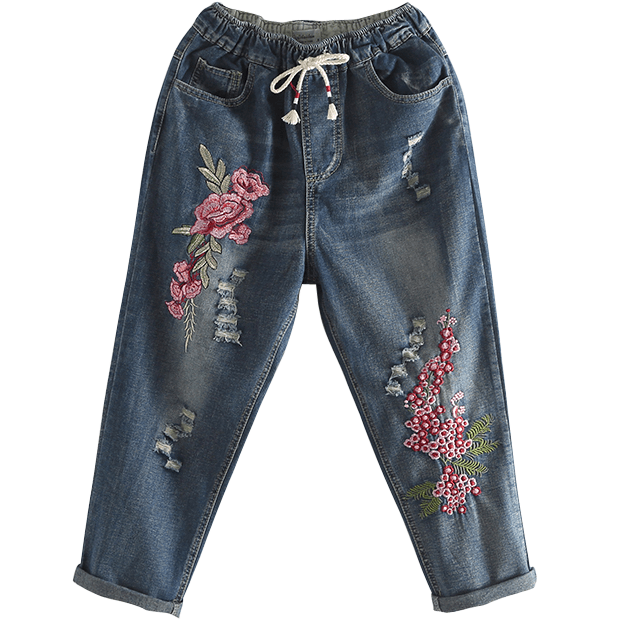 Babakud Chinese Style Embroidery Ethnic Loose Retro Denim Pants