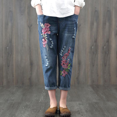 Babakud Chinese Style Embroidery Ethnic Loose Retro Denim Pants 2019 July New XL Blue 
