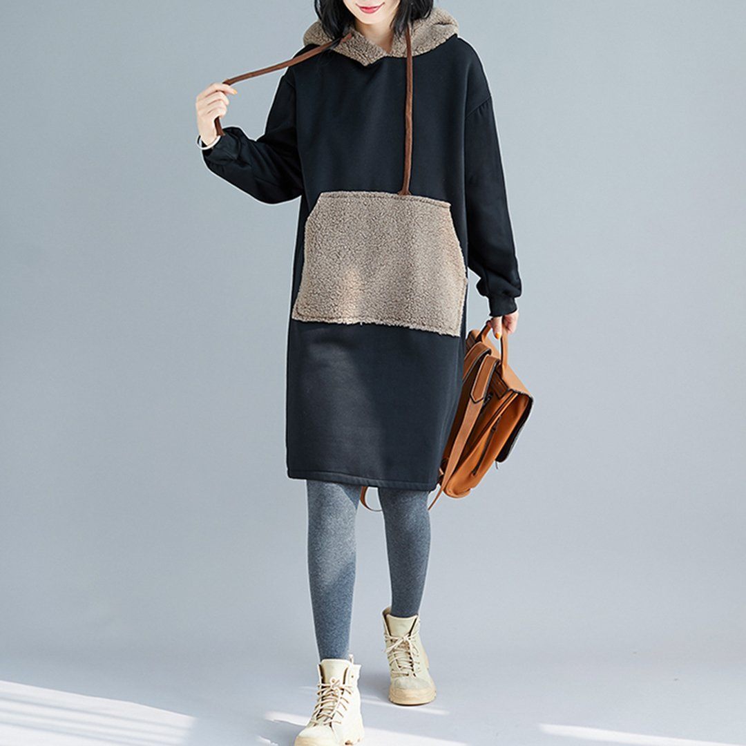 Babakud Color Block Cashmere Loose Casual Hooded Dress