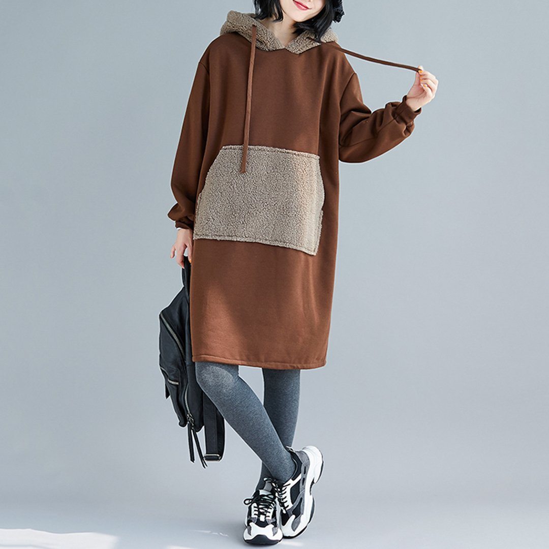 Babakud Color Block Cashmere Loose Casual Hooded Dress 2019 November New 