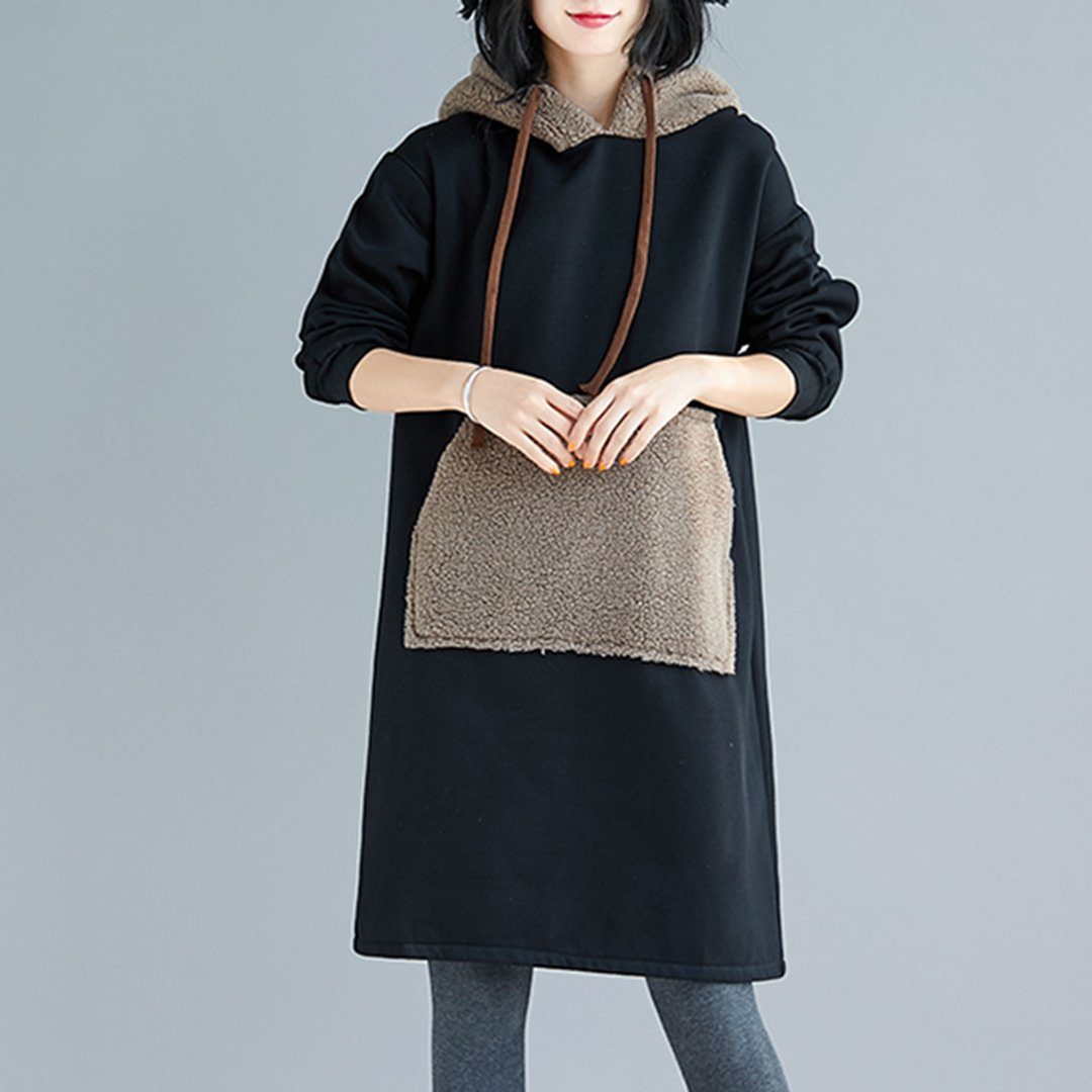 Babakud Color Block Cashmere Loose Casual Hooded Dress 2019 November New M Black 