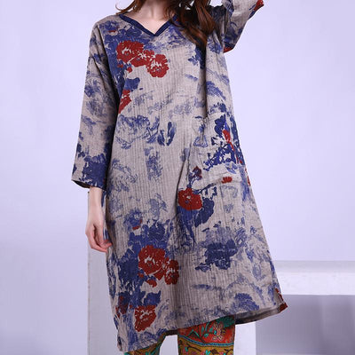 Babakud Cotton Linen Print Spring Long Sleeve Dress