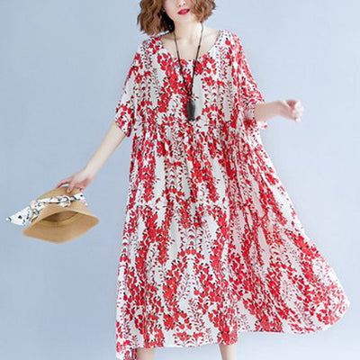 Babakud Crew Neck Floral Casual Loose Gathered Summer Dress