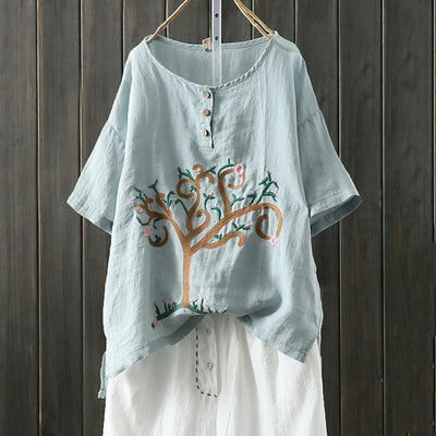 Babakud Embroidered Button Front High Low Linen Blouse