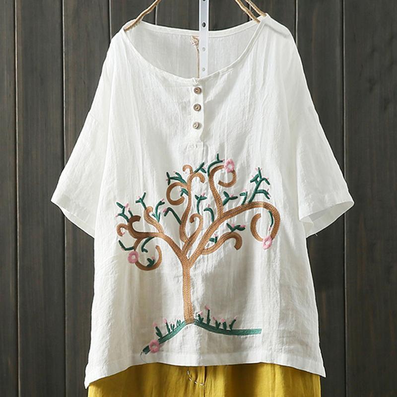 Babakud Embroidered Button Front High Low Linen Blouse 2019 Jun New One Size White 